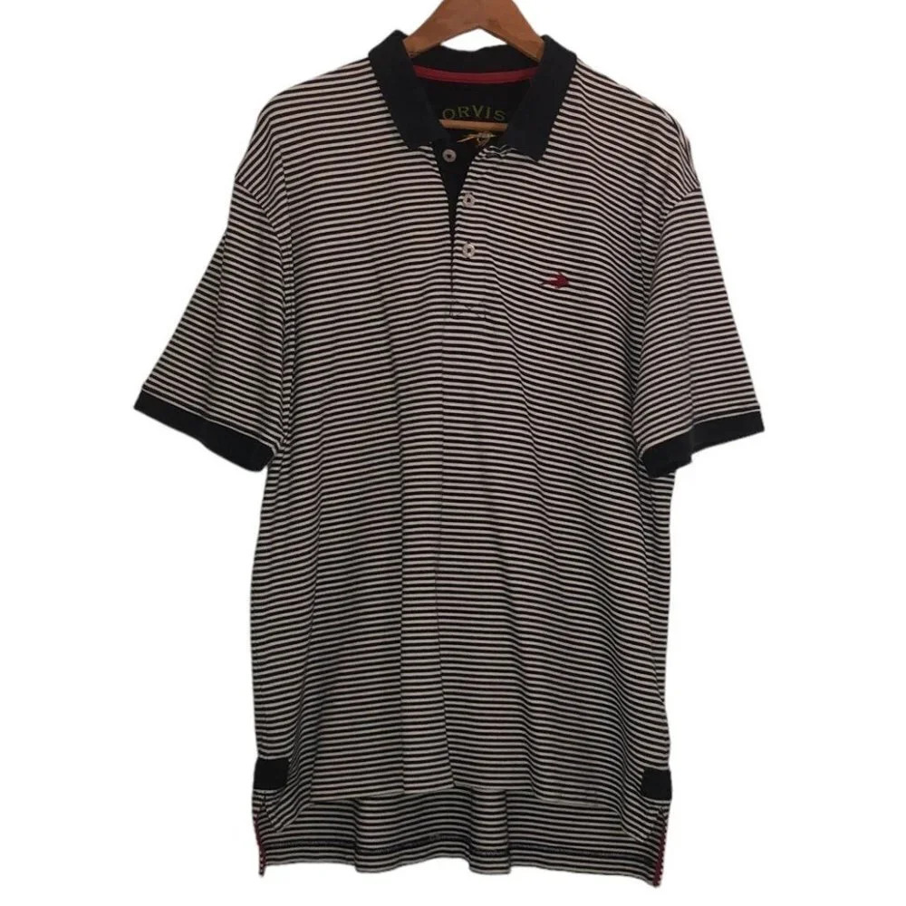 Orvis Sz XL Men's Navy Blue & White Striped 100% Cotton Short Sleeve Polo Shirt